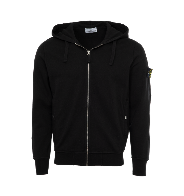 BLACK - STONE ISLAND Zip Hoodie featuring drawstring at hood, zip closure, rib knit hem and cuffs and detachable logo patch at sleeve. 100% cotton. Made in Turkey.