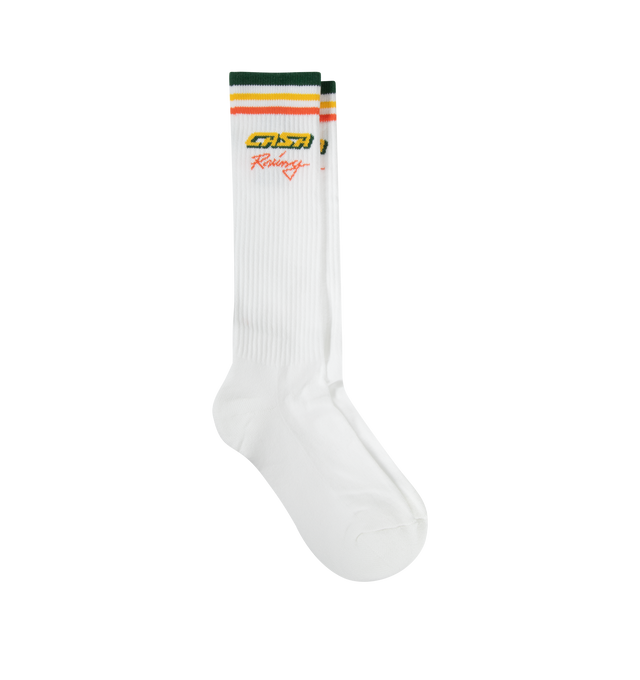 Image 1 of 2 - WHITE - CASABLANCA Mid Calf Ribbed Sport Socks featuring regular fit, calf high, intarsia logo and stripes at rib knit cuffs. 80% cotton, 17% polyamide, 3% spandex. Made in Italy. 