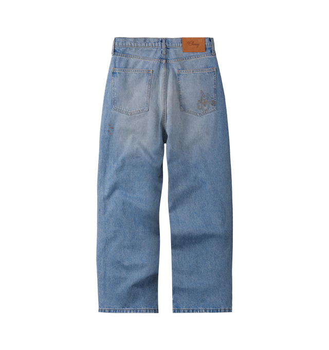 Image 2 of 8 - BLUE - Cherry LA Men's Wide Leg 5 Pocket Jeans are crafted from cotton denim and features a wide-leg silhouette with classic five-pocket construction. Designed with branded nickel hardware and a signature suede logo patch at the back, this everyday style combines relaxed proportions with timeless denim detailing. Main Material: Cotton Denim. Made in Los Angeles, California. 