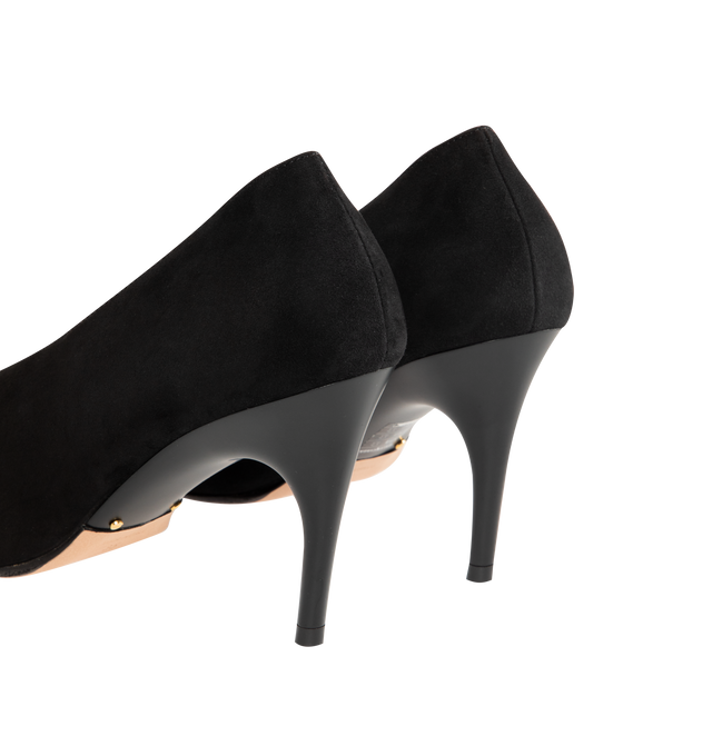 Image 3 of 4 - BLACK - BALENCIAGA Duchesse Pump 90mm featuring suede goatskin, asymmetrical pointed toe, deep v neck vamp, 90mm arch, Balenciaga Paris logo on the insole, small gold perforations on the edges of the insole, two golden studs on the outsole, semi-glossy tone-on-tone heel and beige suede-like sole. Upper: goatskin. Sole: calfskin. Insole: sheepskin. Made in Italy. 
