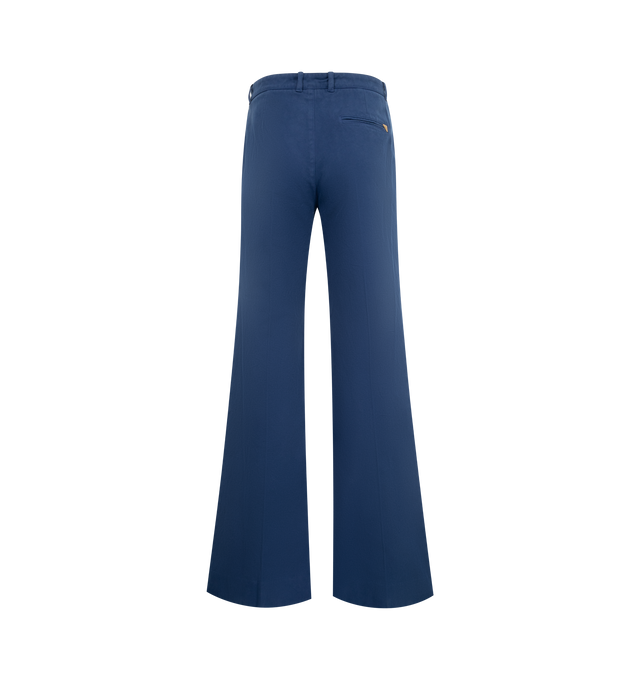 Image 2 of 3 - BLUE - Chlo Flared tailored pants in dyed organic cotton canvas, featuring a gold-toned button decorated with a horse design, gold metal logo triangle on the right back pocket, front zipper closure, belt loops, 2 front pockets and 1 back welt pocket. 100% Cotton.  Made in Italy. 