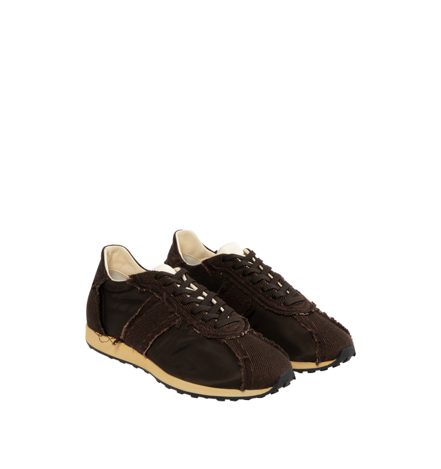 Image 2 of 5 - BROWN - The Row deconstructed sneaker in soft wool and technical nylon with raw edge finish and cushioned sole with micro rubber tread.35% Wool, 15% Linen, 50% Polyester Lined in 70% Polyester, 30% Leather with Rubber sole. Made in Italy. 