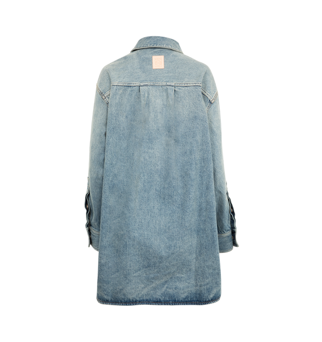 Image 2 of 3 - BLUE - Loewe Women's Overshirt in medium-weight washed cotton denim featuring a curved hem. Relaxed fit, long length with classic collar, concealed button front fastening, buttoned cuffs, seam pockets and LOEWE Anagram embossed leather patch placed at the back. Cotton. Made in  Italy. 