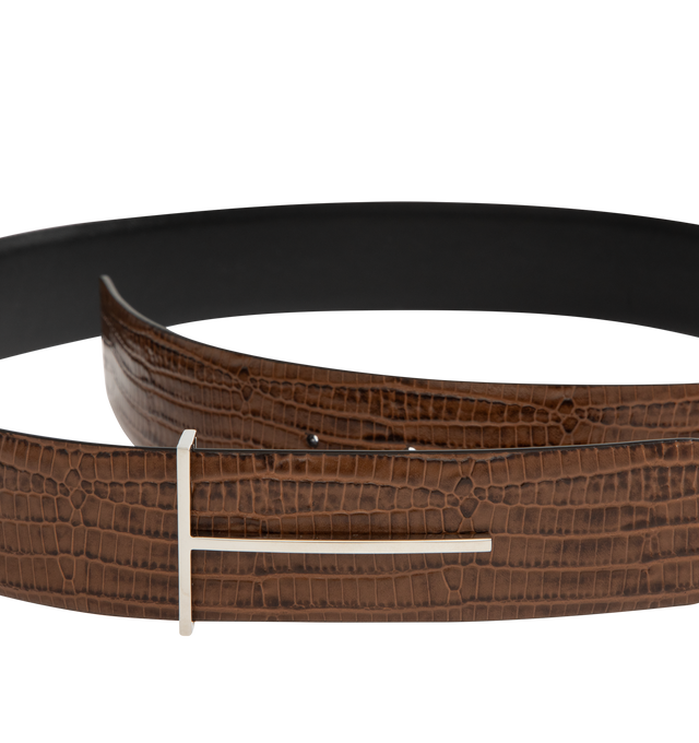 Image 2 of 2 - BROWN - TOM FORD Printed Tejus Reversible T Belt featuring printed tejus leather, a sliding T buckle and reversible construction in printed tejus and smooth leather. 100% calfskin. Made in Italy. 