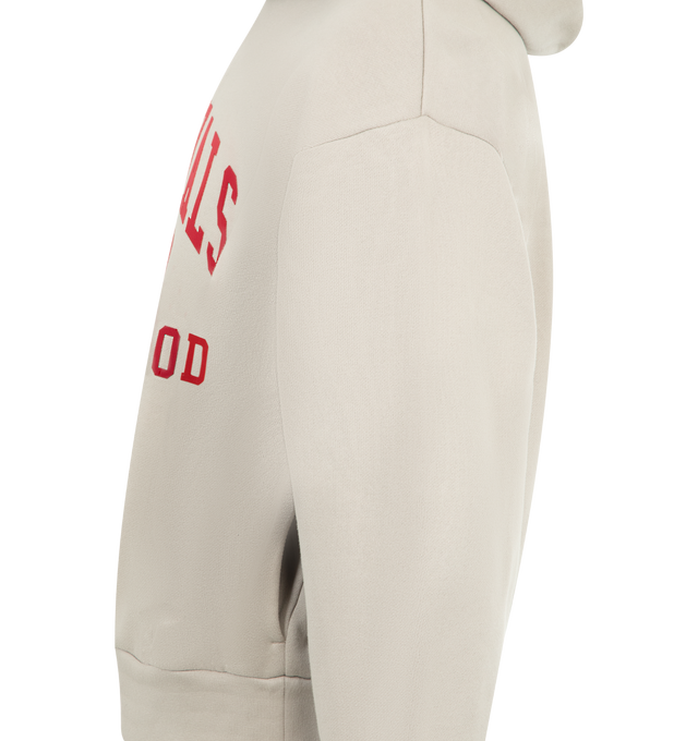 Image 3 of 3 - GREY - FEAR OF GOD ESSENTIALS Classic Hoodie featuring core fleece, classic fit with signature Fear of God relaxed proportions, a collegiate-inspired Essentials Fear of God 2026 HD print is branded across the front, double-layer hoodie, side pockets, rib-knit cuffs and waist-hem and a Fear of God Essentials rubberized label is stitched on the hood. 80% cotton, 20% polyester fleece. 