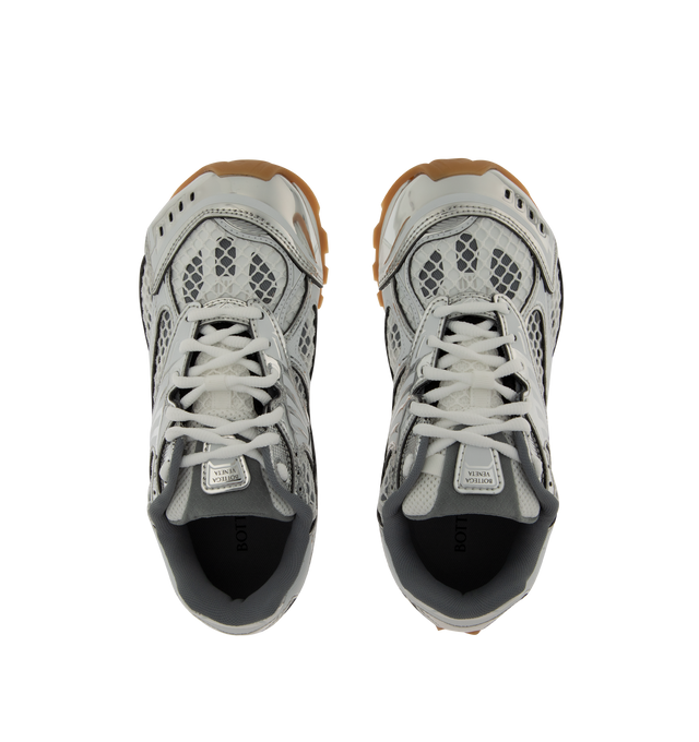 Image 5 of 5 - GREY - Bottega Veneta Orbit Sneaker featuring lace-up front, metallic rubber, mesh and fishnet panels, signature intrecciato weave and gripped soles. Rubber outsole. Made in Italy. 