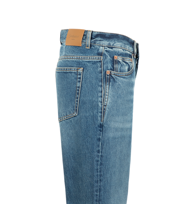 Image 3 of 3 - BLUE - Saint Laurent Women's Straight-Leg Nico Jeans are crafted from cotton denim and feature a button closure with a button fly and classic five-pocket construction. Saint Laurent Paris-embossed leather jacron at the back complete the design. Main Material: Cotton. Made in Italy. 