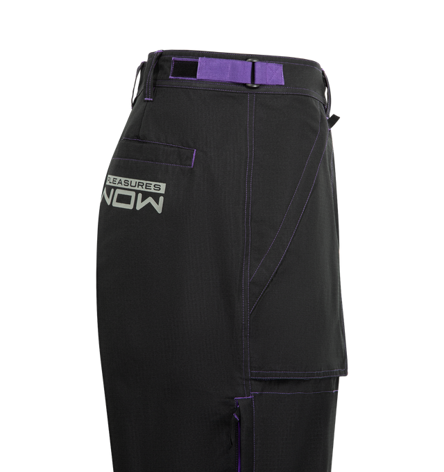 Image 3 of 3 - BLACK - PLEASURES Velocity Tactical Pants featuring large pockets and articulated knees, zip fly with button closure, front slant pockets and back welt pockets. 100% polyester. 