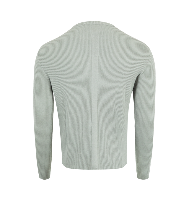 Image 2 of 2 - GREY - Rick Owens Ribbed knit sweater in an above the hip length with a slim fit, long sleeves, ribbed round neck, back and ribbed pattern on the shoulders. Features a contrast flat knit geo design on the front chest and signature line knit down the spine. 100% new wool with a soft feel.  