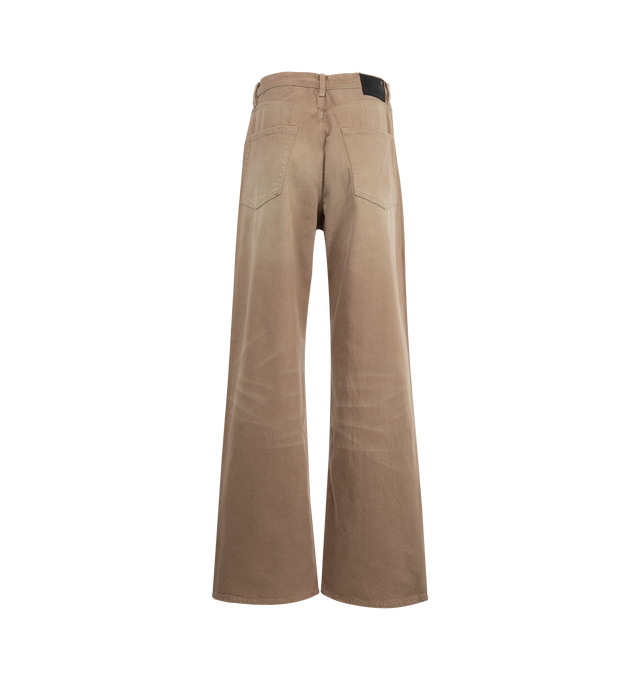 Image 2 of 3 - BROWN - R13 Damon Pleated Wide Leg Jean featuring zip fly with button closure, 5-pocket design, pleated fabric details at waist, whiskering along front and heavily faded and lightly distressed throughout. 100% cotton. Made in Italy. 
