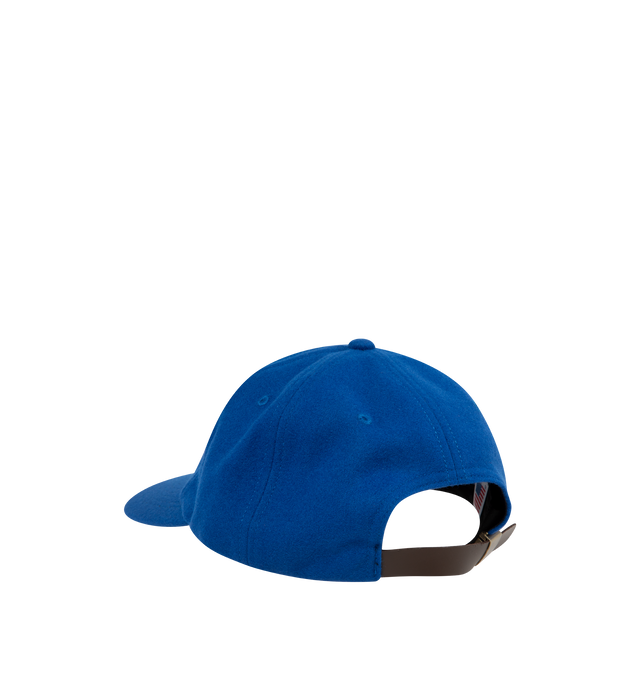 Image 2 of 2 - BLUE - Noah Melton Felt N 5-Panel Hat has embroidered eyelets, an adjustable leather strap with metal clasp closure, and die cut felt N graphic at the front. 100% wool. Made in USA.  