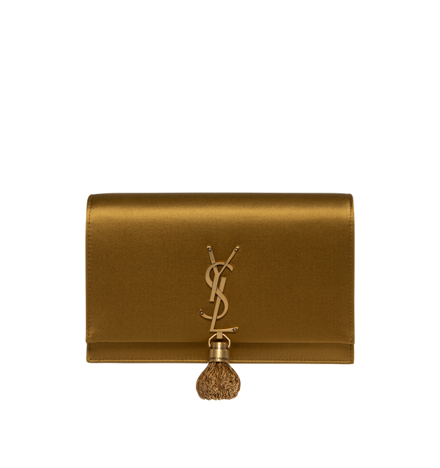 Image 1 of 3 - BROWN - SAINT LAURENT Kate Tassel Satin Wallet on Chain featuring signature YSL logo lettering with tassel, detachable chain shoulder strap, can be worn as a wallet on chain or shoulder bag, flap top with magnetic closure, interior one zip pocket and card slots and bronze hardware. 4.9"H x 7.4"W x 1.5"D. Made in Italy. 