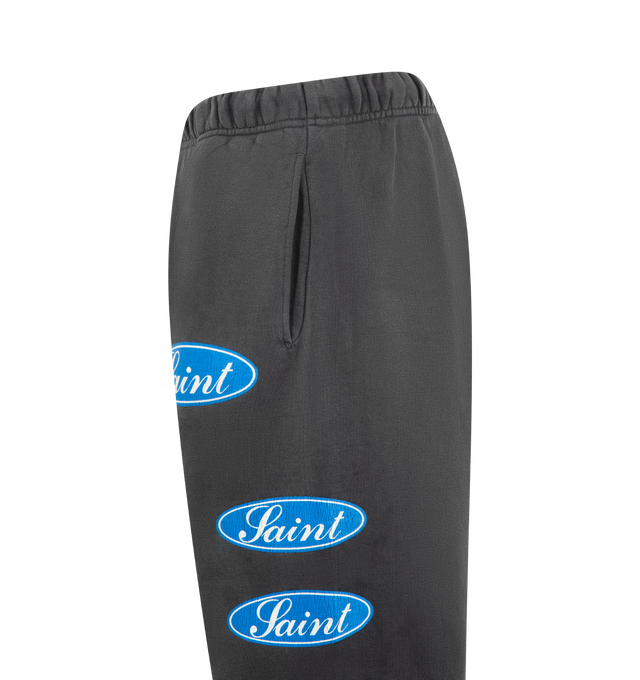 Image 3 of 3 - BLACK - SAINT MICHAEL Love Among Sweatpants featuring elastic waist with drawstrings, side pockets, back pocket, clutch gasset, no side seam and graphic print on front and down legs. 100% cotton. Made in Japan. 