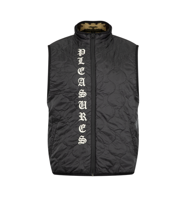Image 3 of 3 - GREEN - PLEASURES Felis Reversible Vest featuring fleece camo print on one side, quilted batting with an embroidered PLEASURES logo on the other, zip front closure and stand collar. 100% polyester. 