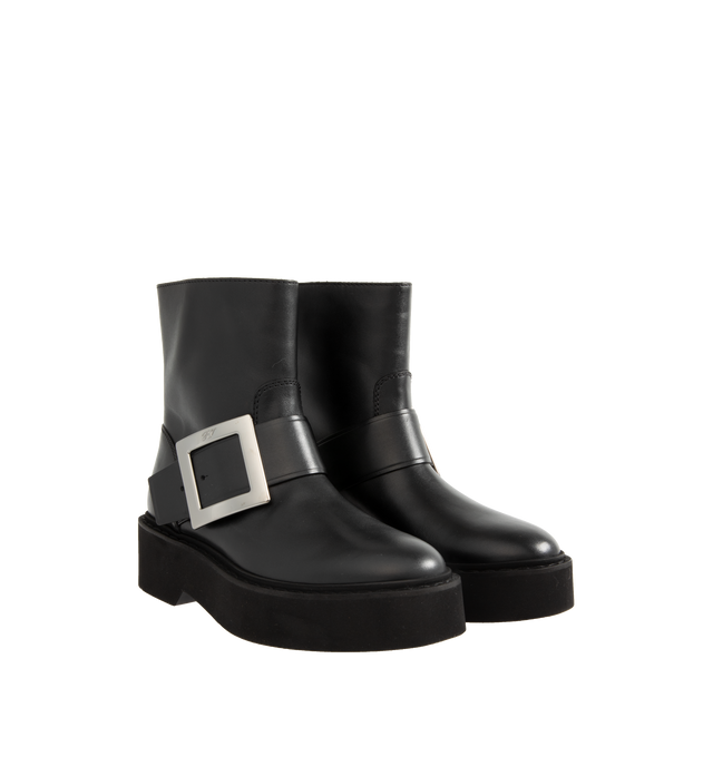 Image 2 of 4 - BLACK - ROGER VIVIER Viv Rangers Leather Buckle Moto Boots featuring calfskin moto booties with signature metal pilgrim buckle, round toe, pull-on style, leather lining and rubber outsole. 1" heel. Made in Italy. 