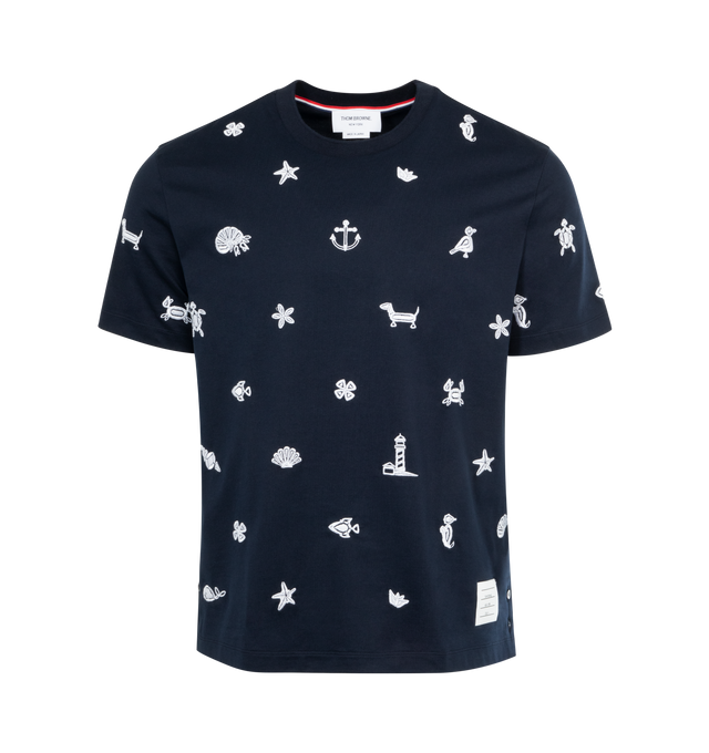 Image 1 of 2 - NAVY - THOM BROWNE Nautical Embroidered T-Shirt featuring crew neck, short sleeves, buttoned slits ad embroidery throughout. 100% cotton.