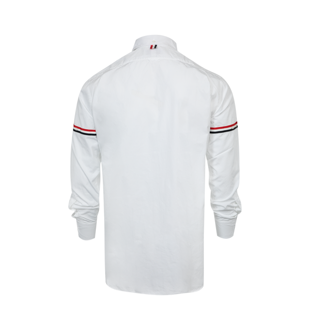 Image 2 of 2 - WHITE - THOM BROWNE GROSGRAIN ARMBAND SHIRT featuring spread collar, button closure, patch pocket at chest, logo patch at shirttail hem, grosgrain trim with button fastening at sleeves, single-button barrel cuffs, tricolor grosgrain flag at back collar and locker loop at back yoke. 100% cotton. 