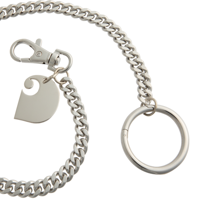 Image 2 of 2 - SILVER - Carhartt WIP Cuban Link Keychain is made from stainless steel with a lobster clasp, a C logo pendant, and a ring carabiner. 13.4 X 1.6 inches.  