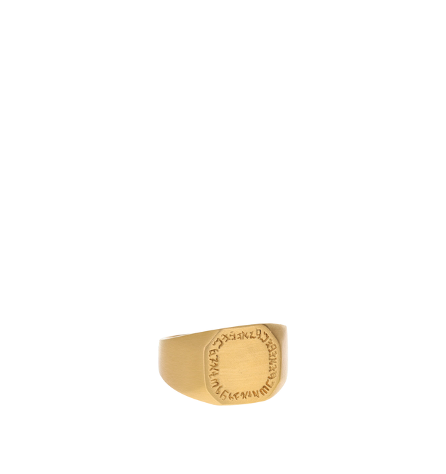 Image 1 of 1 - GOLD - Eli Halili Octagon Signet Ring is handcrafted in 22K gold and features a distinctive octagonal silhouette engraved in Samaritan script with words symbolizing health, happiness, love, joy, and luck. Designed with Eli Halili's signature artisanal approach, this fine jewelry signet ring combines ancient-inspired symbolism with the rich, organic character of high-karat gold for a meaningful and timeless statement piece. Main Material: 22K Gold. Shape: Octagon. Engraving: Samaritan Script.  