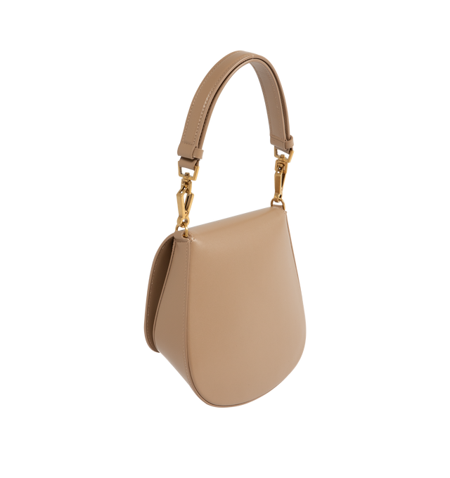 Image 2 of 3 - BROWN - Saint Laurent YSL Adjustable Handle Bag has an adjustable handle for hand or shoulder carrying, a signature logo, bronze-tone hardware, magnetic snap closure, and 1 interior pocket. Suede lining. 6.9 x 8.3 x 3.1 inches. 100% lambskin. Made in Italy.  