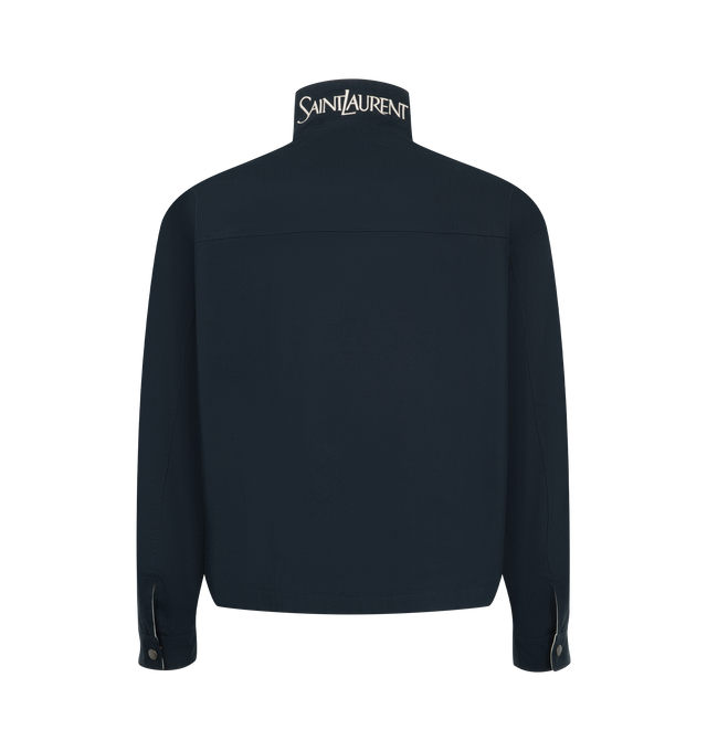 Image 2 of 4 - BLUE - Saint Laurent Mens Reversible Workwear Jacket is crafted from cotton. Features a reversible design, concealed front zip closure with snap-button storm flap, two-way stand collar with embroidered Saint Laurent logo underneath, embroidered Cassandre logo at the chest, snap-button cuffs, two front patch pockets with snap-button flaps, and two welt pockets on both sides. Main Material: 100% Cotton. Made in Italy. 