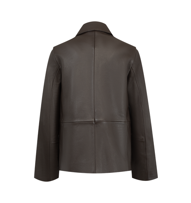 Image 2 of 2 - BROWN - Toteme Women's Grained Leather Jacket is crafted from heavyweight grained cow leather and features a straight silhouette with a clean button-front closure for a sharp, effortless fit. Finished with flap pockets and a smooth satin lining, this designer leather jacket combines refined craftsmanship with Toteme's signature minimalist aesthetic, creating a timeless outerwear essential for everyday wear. Main Material: 100% Cow Leather. Lining: 100% Viscose. 