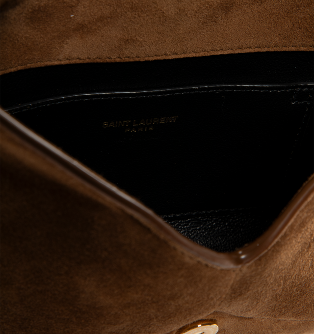 Image 3 of 3 - BROWN - Saint Laurent Womens Chain Pouch is crafted from suede calfskin. Features signature Cassandre logo, magnetic closure, stowable cable-chain shoulder strap, leather lining, one interior card slot, bronze-tone hardware, and dimensions: 19  13  4.5 cm (7.5  5.1  1.8 in) with a 47 cm (18.5 in) strap drop. Main Material: Calfskin Leather; Lining: Leather; Hardware: Brass. Made in Italy. 