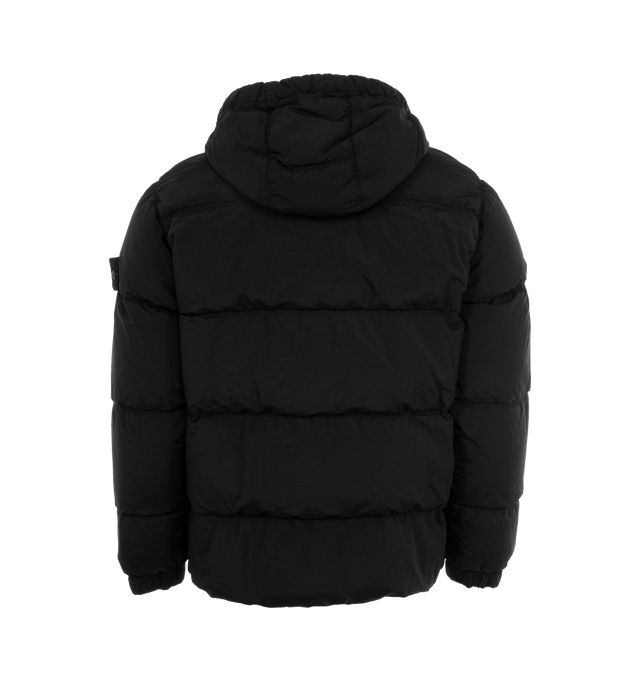 Image 2 of 3 - BLACK - Stone Island Giubbotto Vera Piuma RDS Jacket has a classic hood, 2-way zipper closure, collar, zipper side pockets, and detachable signature Compass badge. Down filled. 84% polyamide, 16% elastane.  