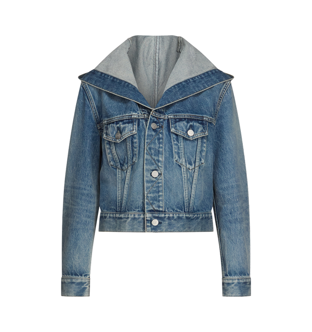 Image 1 of 2 - BLUE - Azzedine Alaa Womens Hooded Trucker Jacket is crafted from hand-sand washed denim. Features a hooded neckline, raglan sleeves, button-front placket, front flap pocket, side seam pockets, and elasticated ruched side bands. Main Material: 100% Cotton. Made in Japan. 