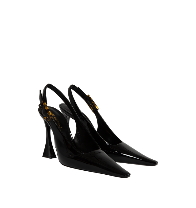 Image 2 of 4 - BLACK - SAINT LAURENT Dune Slingback Pumps in Patent Leather featuring pointed toe, low square cut vamp, flared heel, adjustable slingback strap and tortoiseshell buckle. 4.3 inche heel. Calfskin leather. Made in Italy.  