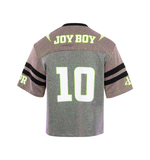 Image 2 of 2 - GREY - Le Pere  oversized, boxy football jersey inspired by vintage football pieces in the style and silhouette of late 70s and 80s NFL jerseys juxtaposed with a glittery and sparkly fabric.  Features a vintage sports patch as well as the le PRE logo, number 10, stars on the shoulders, and the name 'JOY BOY' across the back. Lined with premium Italian mesh. Made in Portugal using Italian jersey. 48% NYLON, 45% POLYESTER, 7% ELASTANE. 
