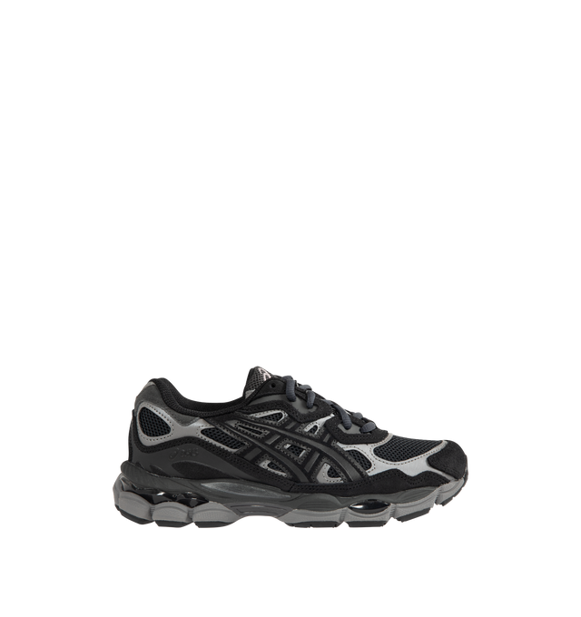 Image 1 of 5 - BLACK - ASICS Mens GEL-NYC Sneakers feature a breathable mesh upper with suede overlays inspired by early-2000s running styles. Designed with rearfoot and forefoot GEL cushioning, GEL-CUMULUS 16 midsole tooling for responsive comfort, lace-up closure, and a durable rubber outsole for everyday traction. Upper: Mesh and Suede; Midsole: GEL Cushioning and GEL-CUMULUS 16 Tooling; Outsole: Rubber. Imported 