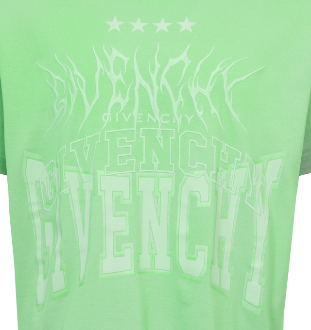 Image 3 of 3 - GREEN - GIVENCHY Boxy Fit T-Shirt featuring short-sleeves, crew neck, Givenchy signature and lightning artwork printed on the front, small 4G emblem printed on the lower back and boxy fit. 100% cotton. Made in Portugal. 