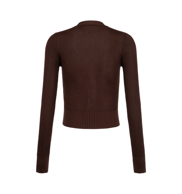 Image 2 of 2 - BROWN - Saint Laurent Women's Short V-Neck Cardigan is crafted from ribbed viscose and features long sleeves and a fitted, cropped silhouette. A front closure with Cassandre jewelry buttons and ribbed cuffs complete the design. Main Material: Viscose. Made in Italy. 