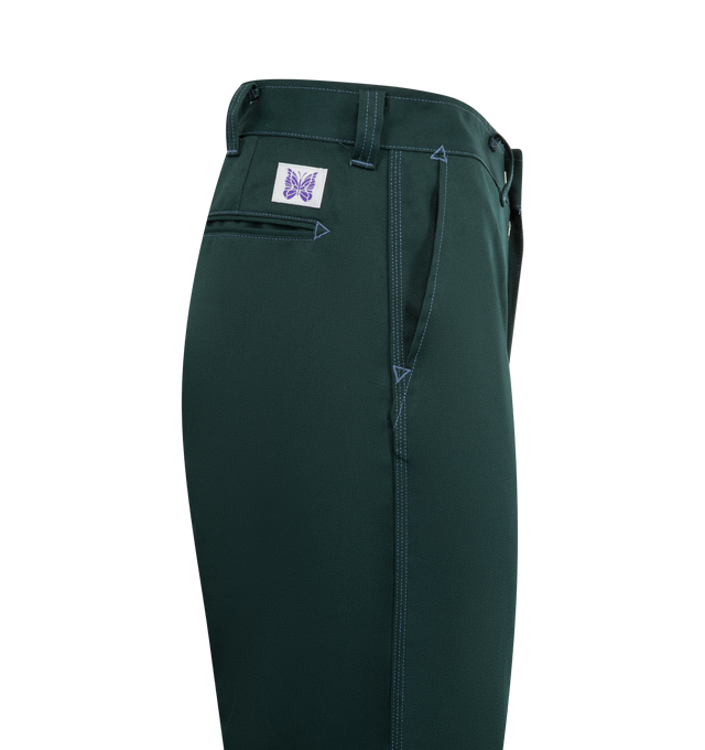 Image 3 of 3 - GREEN - NEEDLES Work Pants featuring side slit pockets, back welt pockets, belt loops, straight legs abd concealed front closure.  