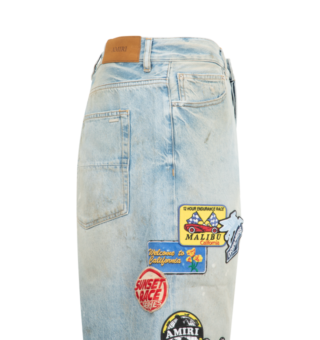 Image 3 of 3 - BLUE - AMIRI Station Patch Denim Shorts featuring belt loops, classic five pockets, fading, logo patch to the side, patches on legs, logo patch to the rear and front button fastening. 100% cotton. 