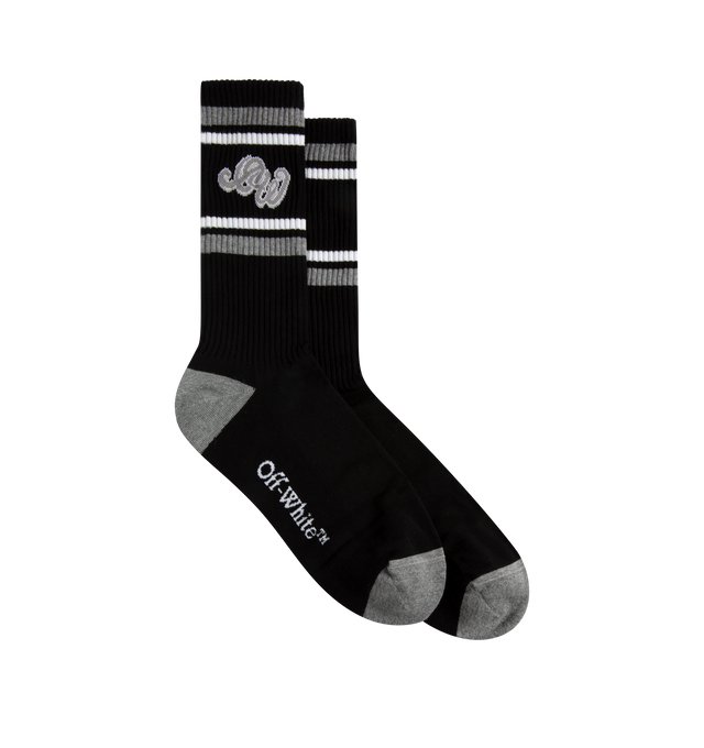 Image 1 of 2 - BLACK - OFF-WHITE Mid Calf Socks featuring mid-height, ribbed, stripes and logos on the cuff and the sole. 68% cotton, 29% polyamide, 3% elastane. 