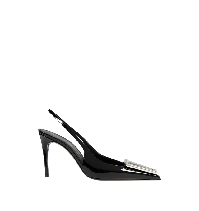 BLACK - SAINT LAURENT SLINGBACK PUMPS WITH A POINTED TOE, STILETTO HEEL, SQUARE-CUT VAMP AND ELASTICIZED SLINGBACK STRAP, FEATURING A SILVER-TONE SQUARE DETAIL.  TOTAL HEEL HEIGHT: 9.5 CM / 3.7 INCHES.  80% CALFSKIN LEATHER, 20% BRASS WITH  LEATHER SOLE.  MADE IN ITALY.