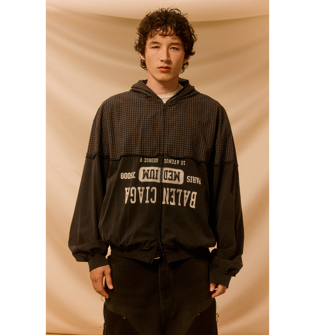 Image 2 of 3 - BLACK - BALENCIAGA Patched Hooded Jacket featuring front two-way zip fastening, two front pouch pockets, hood and ribbed cuffs and hem. Made in Italy. 