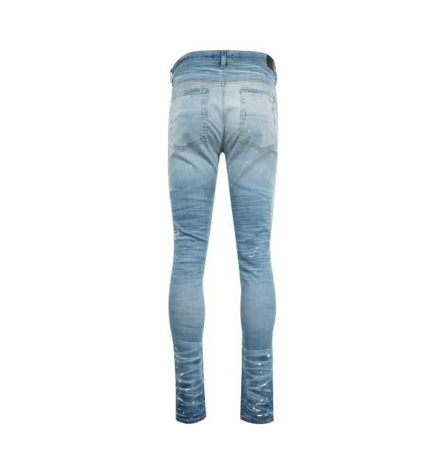 Image 2 of 3 - BLUE - AMIRI Painter Denim MX1 Jeans featuring destroyed light-wash denim, regular rise, five-pocket style, fitted through skinny legs, button zip fly and belt loops. Cotton/elastane. Made in Italy. 