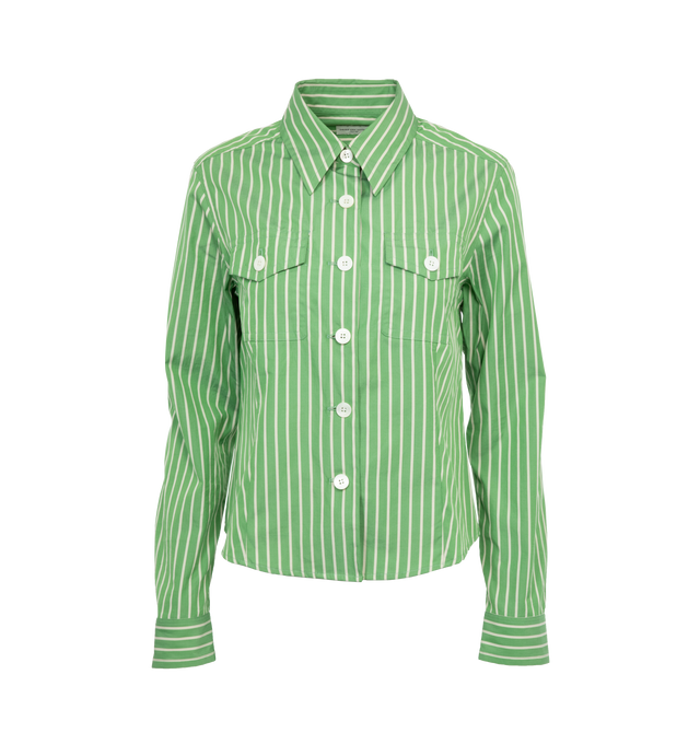 GREEN - DRIES VAN NOTEN Striped Shirt featuring collar, breast patch pockets, button front closure and fitted silhouette. 100% cotton. Made in Hungary.