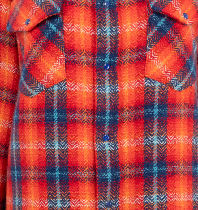 Image 3 of 3 - RED - GOD'S TRUE CASHMERE Totally Wired Tartan Cashmere Shirt featuring tartan plaid, point collar, two chest flap pockets and long sleeves. Snap buttons: Lapis for Wisdom & Truth. 100% cashmere. 