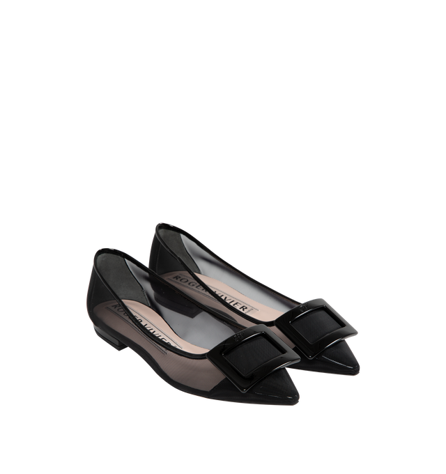 Image 2 of 4 - BLACK - Roger Vivier Gommettine Net Ballerina Flats are a slip-on style with pointed toes, tonal pilgrim buckles, and rubber outsoles. Made in Italy.  