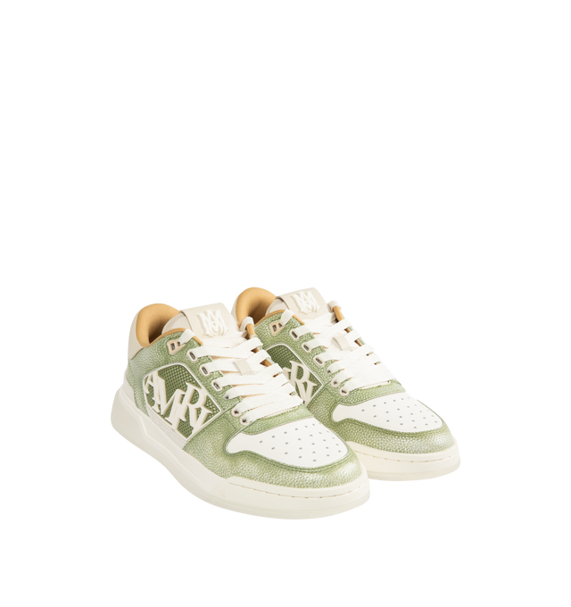 Image 2 of 5 - GREEN - AMIRI Pebbled Classic Low Sneakers featuring low-top buffed and pebble-grained leather sneakers, perforations at vamp and sides, lace-up closure, logo patch at padded tongue, padded collar, rubberized mesh trim at sides, logo bonded at sides and heel collar, mesh lining and treaded rubber sole. Upper: leather, rubber. Sole: rubber. 