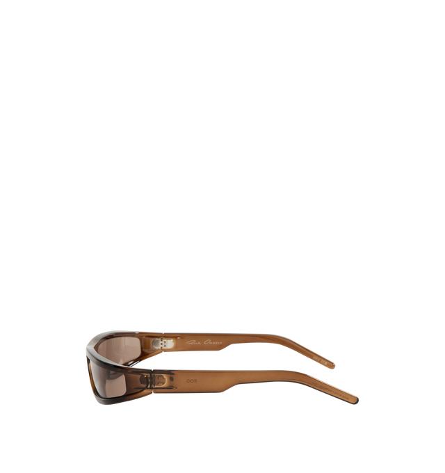 Image 2 of 3 - BROWN - Rick Owens Mens Rectangular Sunglasses feature a lightweight Rilsan nylon frame with brown lenses. Designed with integrated nose pads, 100% UVA/UVB protection (Category 3), and include a leather storage pouch. Frame Material: Rilsan Nylon. Made in Italy. 