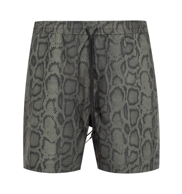 Image 1 of 3 - GREY - CARHARTT WIP Slater Swim Shorts featuring water-repellent taffeta swim shorts, snakeskin pattern printed throughout, drawstring at elasticized waistband, three-pocket styling, logo embroidered at front cuff, bungee-style key loop at back pocket and briefs-style mesh lining. 100% polyester. 