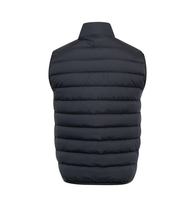 NAVY - MONCLER Rabuons Vest featuring goose down, padded design, appliqu logo, high neck, sleeveless, two side zip-fastening pockets, straight hem, full lining and front two-way zip fastening. 100% polyester. Lining: 90% goose down, 10% feather down. 