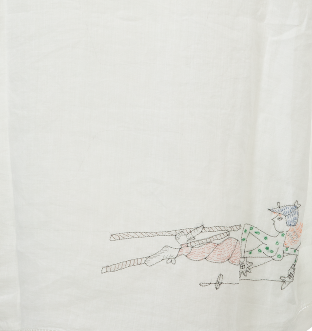 Image 4 of 4 - WHITE - BODE Skiers Short Sleeve Shirt featuring short sleeves, notched collar, motifs in delicate, single-thread embroidery, lightweight linen and has picot detaling along the hem. 100% linen. Made in India. 