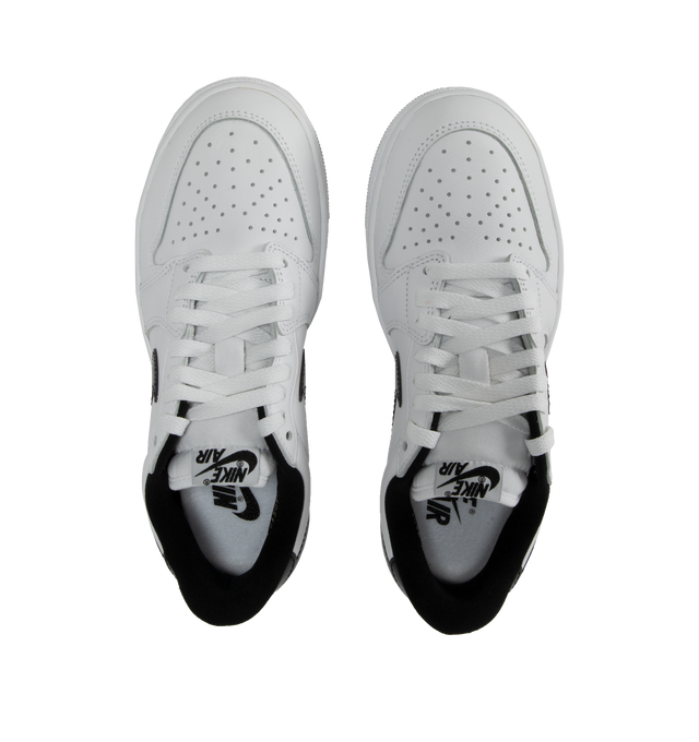 Image 5 of 5 - WHITE - Nike Dunk Low Sneakers with White and grey upper, black swoosh, padded, low-cut collar, leather upper, foam midsole offering lightweight, responsive cushioning. Perforations on the toe add breathability. Rubber sole with classic hoops pivot circle provides durability and traction. 