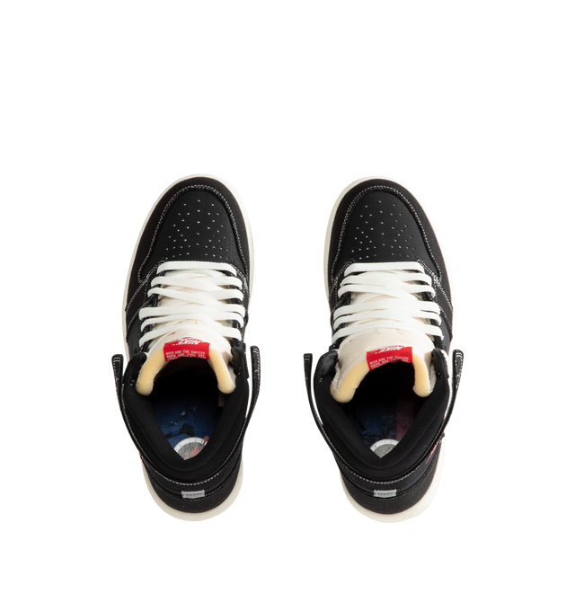 Image 5 of 5 - BLACK - Men's Air Jordan 1 Retro High OG Flight Club Sneakers feature a genuine leather and suede upper with the iconic high-top silhouette, signature Wings branding, and a stitched Swoosh for a timeless heritage look. These lifestyle sneakers combine encapsulated Air-Sole cushioning with a durable rubber outsole for lightweight comfort, lasting support, and reliable traction. Main Material: Genuine Leather and Suede. Midsole: Encapsulated Air-Sole Unit. Sole: Rubber. 